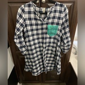 Girls flannel tunic with blue sequin pocket!